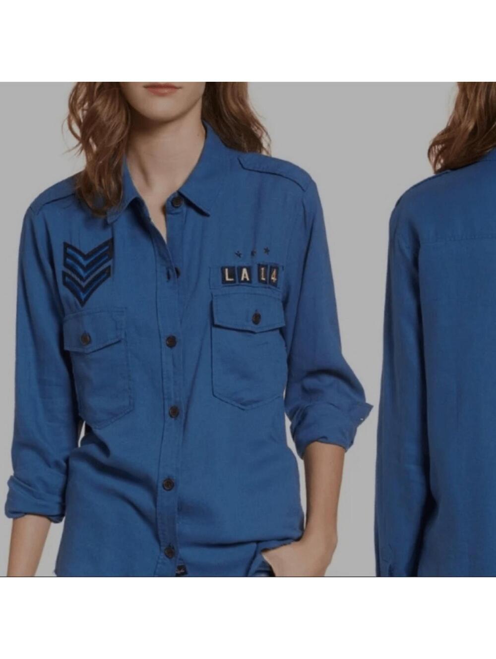 Women's Rails Banks Military Patch Linen Blend Shirt Indigo Blue Button Front XS